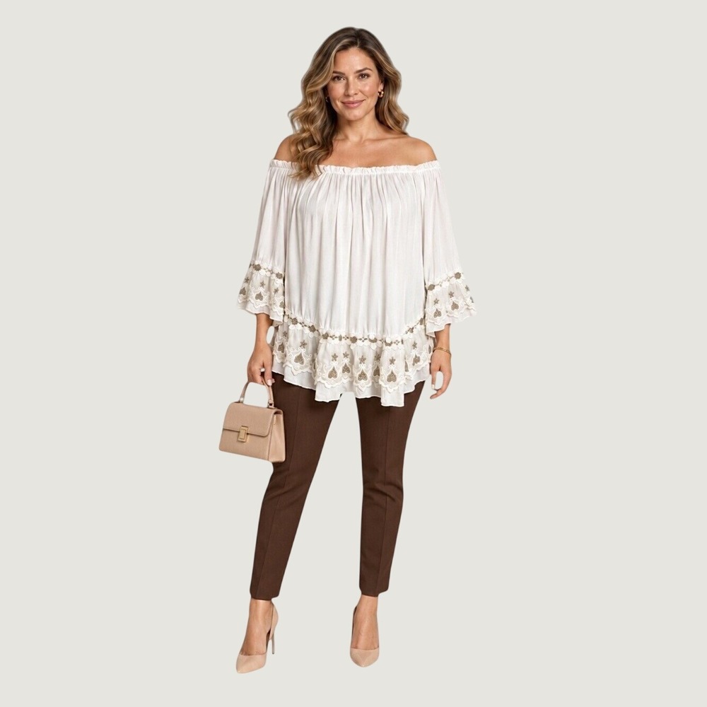 Italy Lace Ruffle Peasant Blouse Women L White Boho Cottagecore Coastal Style